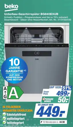 Expert Technomarkt beko Unterbau-Geschirrspüler BG840EXUB Angebot