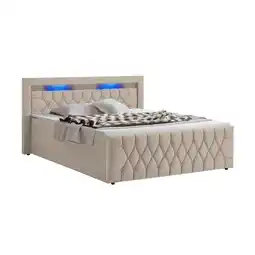 Netto Marken-Discount Juskys Boxspringbett Leona Samt 140x200 cm in Beige – mit LEDs, Topper & H4-Federkern-Matratzen Angebot