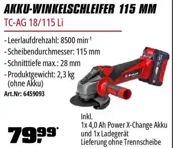 OBI Einhell AKKU-WINKELSCHLEIFER 115 MM TC-AG 18/115 Li Angebot