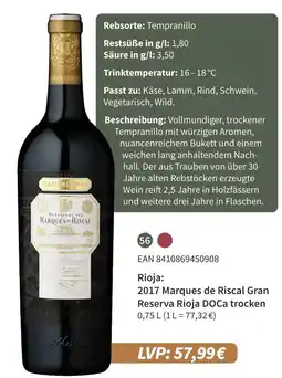 E-Center 2017 marques de riscal gran reserva rioja doca trocken Angebot