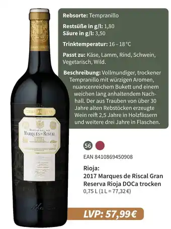 E-Center 2017 marques de riscal gran reserva rioja doca trocken Angebot