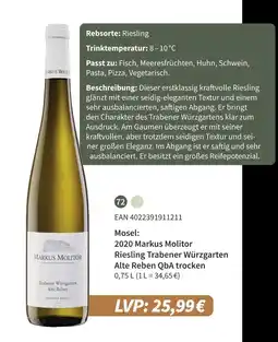 E-Center Markus molitor 2020 markus molitor riesling trarbener würzgarten alte reben qba trocken Angebot