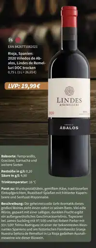 E-Center Lindes de remelluri 2020 viñedos de abalos, lindes de remelluri doc trocken Angebot