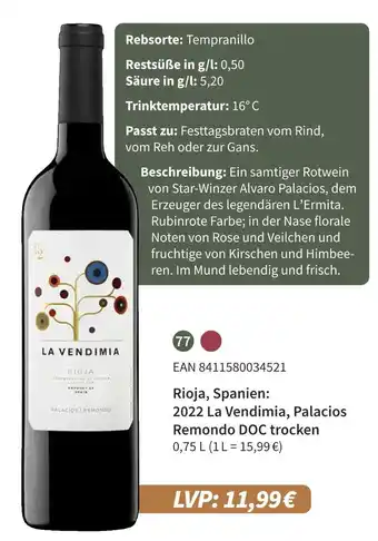 E-Center Rioja, spanien: 2022 la vendimia, palacios remondo doc trocken Angebot
