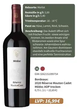 E-Center 2020 réserve mouton cadet médoc aop trocken Angebot