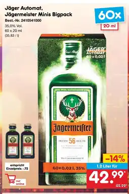 Netto Marken-Discount Jägermeister jäger automat, jägermeister minis bigpack Angebot