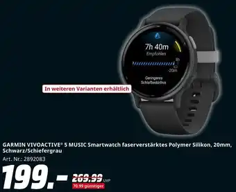 MediaMarkt GARMIN VIVOACTIVE 5 MUSIC Smartwatch faserverstärktes Polymer Silikon, 20mm, Schwarz/Schiefergrau Angebot