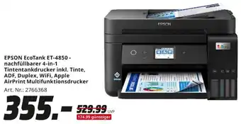 MediaMarkt EPSON EcoTank ET-4850 nachfüllbarer 4-in-1 Tintentankdrucker inkl. Tinte Angebot
