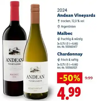 Lidl Andean Vineyards Malbec oder Chardonnay Angebot