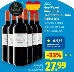 Lidl 6er-Paket Mezquiriz Tempranillo Tinto Roble DO Angebot