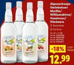 Lidl Alpenschnaps Steinbei Marille/ Williamsbirne/ Haselnuss/ Himbeere Angebot