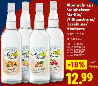Lidl Alpenschnaps Steinbei Marille/ Williamsbirne/ Haselnuss/ Himbeere Angebot