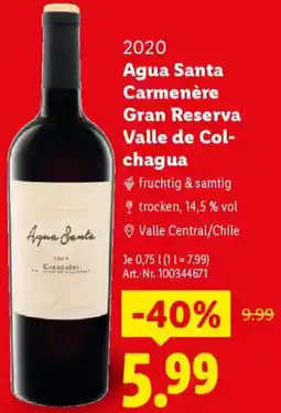 Lidl 2020 Agua Santa Carmenère Gran Reserva Valle de Colchagua Angebot
