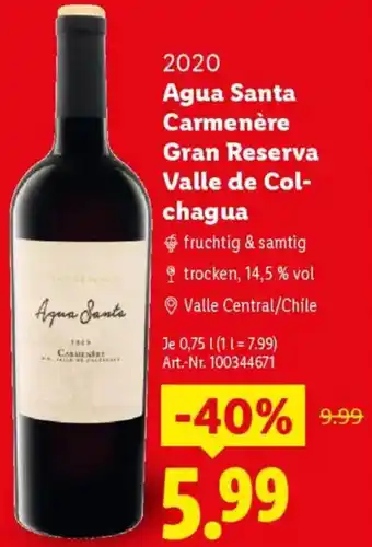 Lidl 2020 Agua Santa Carmenère Gran Reserva Valle de Colchagua Angebot