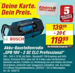 toom Baumarkt BOSCH Akku-Baustellenradio ,,GPB 18V-2 SC CLC Professional" Angebot