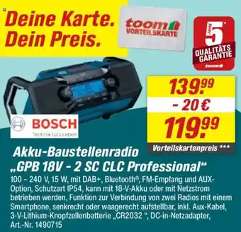 toom Baumarkt BOSCH Akku-Baustellenradio ,,GPB 18V-2 SC CLC Professional" Angebot