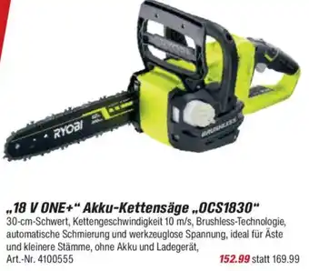 toom Baumarkt RYOBI ,,18 V ONE+" Akku-Kettensäge „OCS1830" Angebot