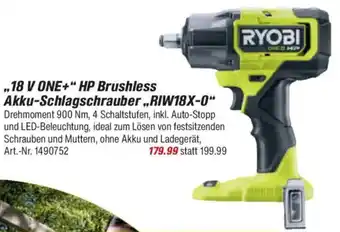 toom Baumarkt RYOBI ,,18 V ONE+" HP Brushless Akku-Schlagschrauber ,,RIW18X-0" Angebot