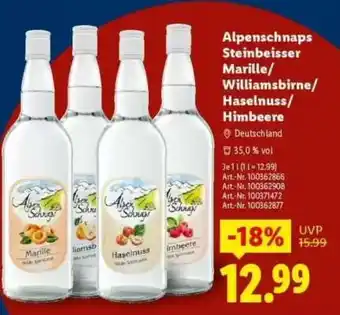 Lidl Alpenschnaps Steinbeisser Marille/Williamsbirne/Haselnuss/Himbeere Angebot