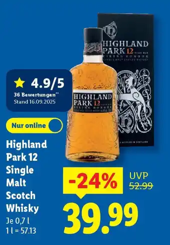 Lidl Highland Park 12 Single Malt Scotch Whisky Angebot