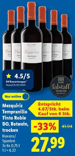 Lidl Mezquiriz Tempranillo Tinto Roble DO, Rotwein, trocken Angebot