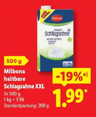Lidl Milbona haltbare Schlagsahne XXL Angebot