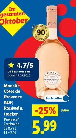 Lidl Monalie Côtes de Provence AOP, Roséwein, trocken Angebot
