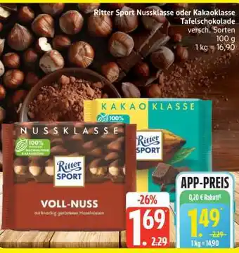 Edeka Ritter Sport Nussklasse oder Kakaoklasse Tafelschokolade Angebot