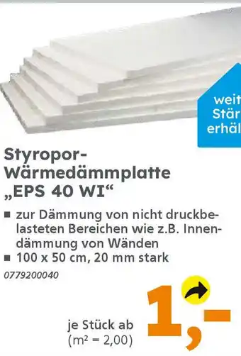 Globus Baumarkt Styropor- Wärmedämmplatte ,,EPS 40 WI" Angebot