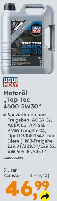 Globus Baumarkt LIQUI MOLY Motoröl ,,Top Tec 4600 5W30" Angebot
