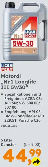 Globus Baumarkt Liqui moly motoröl nr.1 longlife iii 5w30 Angebot
