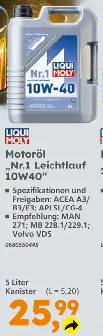 Globus Baumarkt Liqui moly motoröl nr.1 leichtlauf 10w40 Angebot