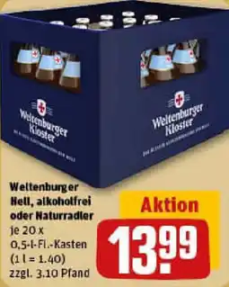 REWE Weltenburger Hell, alkoholfrei oder Naturradler Angebot