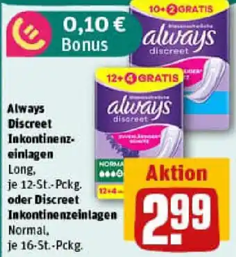 REWE Always Discreet Inkontinenz- einlagen oder Discreet Inkontinenzeinlagen Angebot