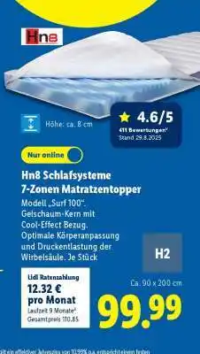 Lidl Hn8 Schlafsysteme 7-Zonen Matratzentopper Angebot
