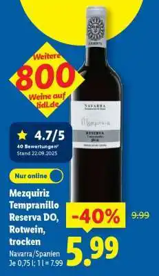 Lidl Mezquiriz Tempranillo Reserva DO, Rotwein, trocken Angebot