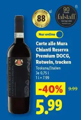 Lidl Corte alle Mura Chianti Reserva Premium DOCG, Rotwein, trocken Angebot