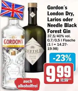 HIT Gordon's London Dry, Larios oder Needle Black Forest Gin Angebot