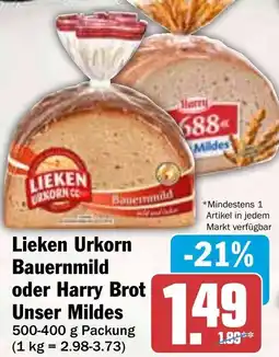 HIT Lieken Urkorn Bauernmild oder Harry Brot Unser Mildes Angebot