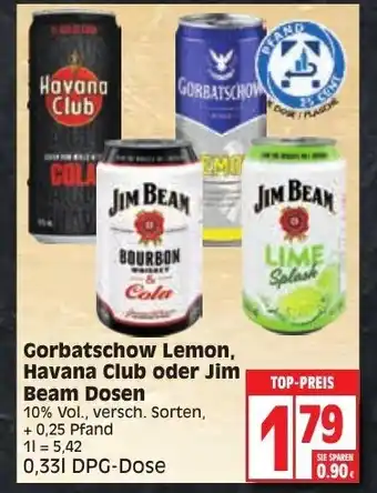 Edeka Gorbatschow Lemon, Havana Club oder Jim Beam Dosen 0,33L Angebot