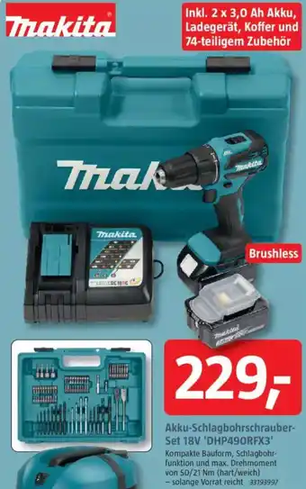 Bauhaus Makita Akku-Schlagbohrschrauber- Set 18V 'DHP490RFX3' Angebot
