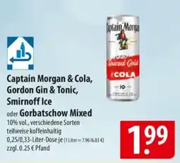 Famila Nord Ost Captain Morgan & Cola, Gordon Gin & Tonic, Smirnoff Ice oder Gorbatschow Mixed Angebot