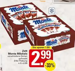 WEZ Zott Monte Milcheis 3/4er Packung Angebot