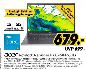 MEDIMAX Acer notebook acer aspire 17 (a17-51m-58ha) Angebot
