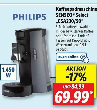 Lidl Philips Kaffeepadmaschine Senseo Select „csa230-50“ Angebot