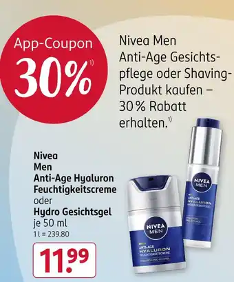 Rossmann Nivea men anti-age hyaluron feuchtigkeitscreme oder hydro gesichtsgel Angebot