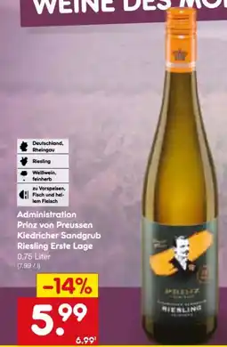 Netto Marken-Discount Prinz von Preussen Kiedricher Sandgrub Riesling Erste Lage Angebot