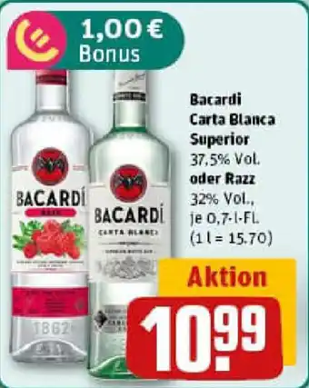 REWE Bacardi Carta Blanca Superior 37,5% Vol. oder Razz Angebot