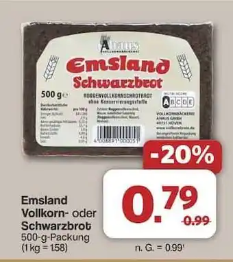 Famila Nord Ost Emsland Vollkorn- oder Schwarzbrot Angebot