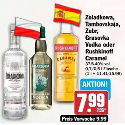 HIT Zoladkowa, Tambovskaja, Zubr, Grasovka Vodka oder Rushkinoff Caramel Angebot